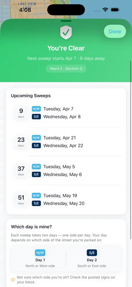 ChiSweep app showing You're Clear status with upcoming sweep schedule